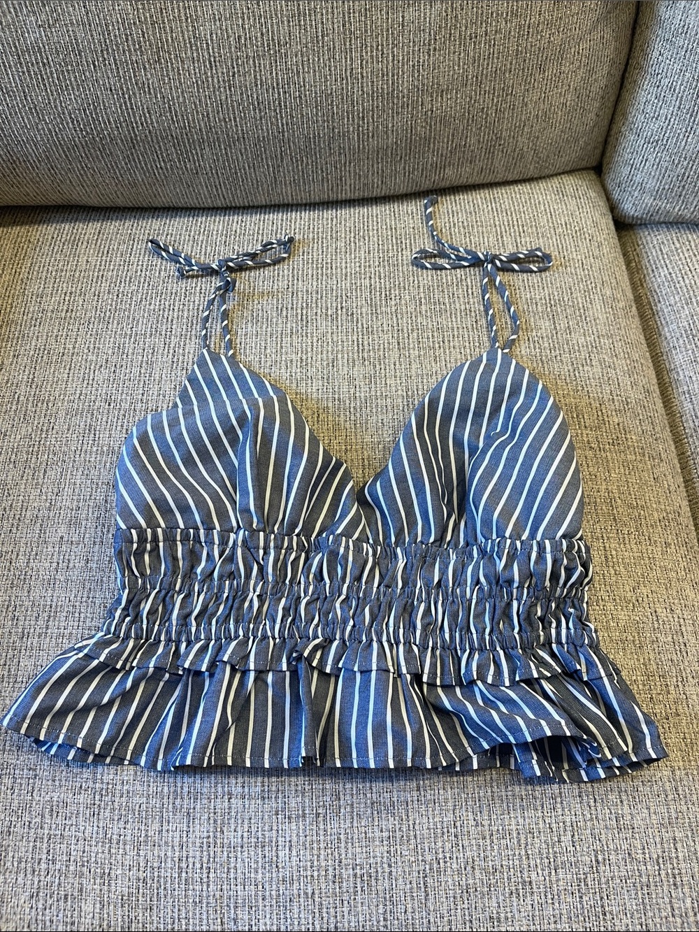 Striped Blue Tie-Shoulder Ruffle Crop Top